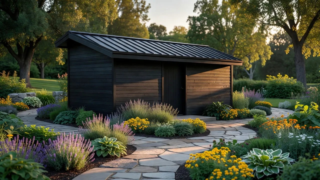 Completed modern garden shed featuring a black metal lean-to roof design in a landscaped garden.