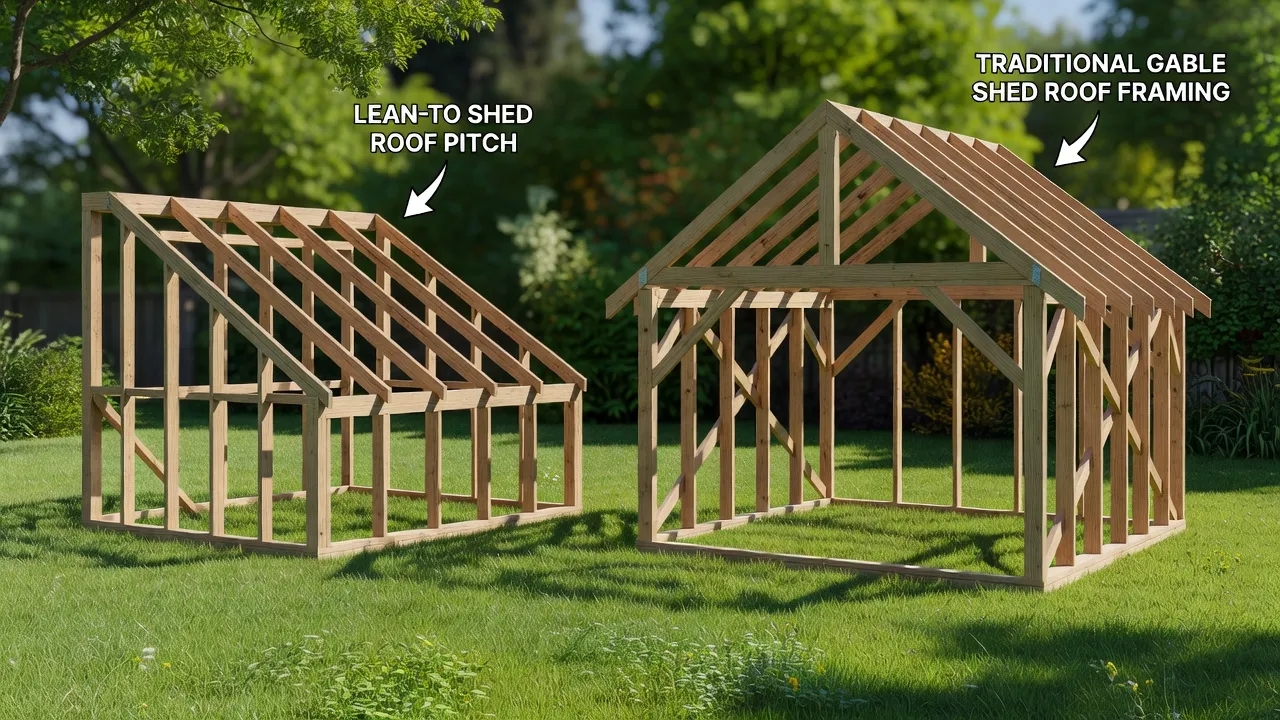 Side-by-side view of lean-to and gable style garden shed roof framing designs.