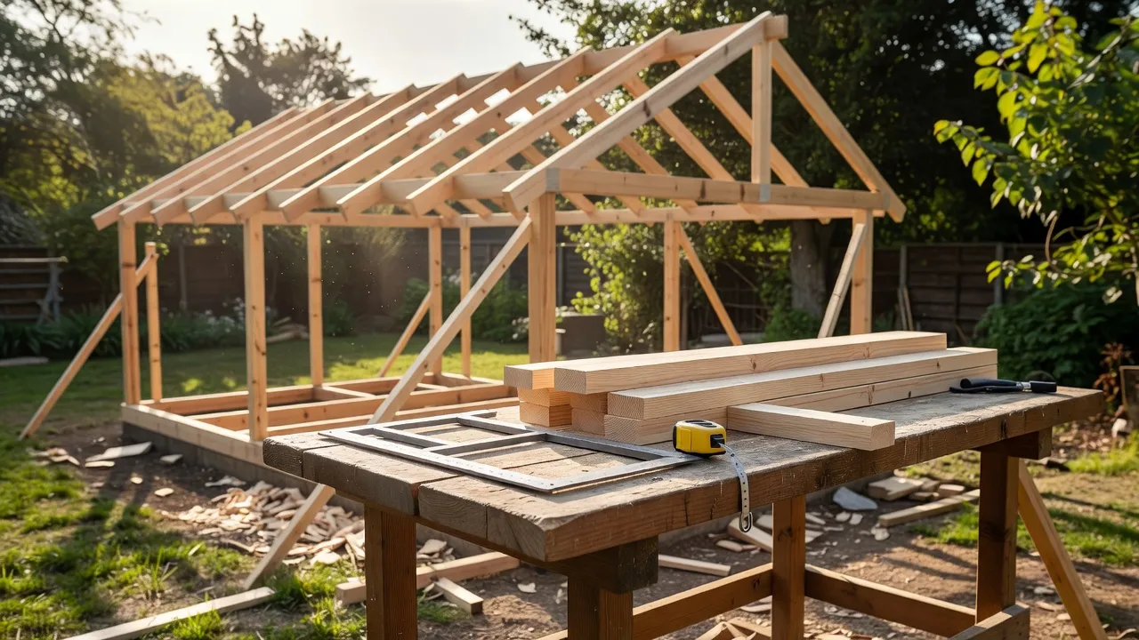 Wooden rafter framing on a garden shed under construction in a sunny backyard setting.