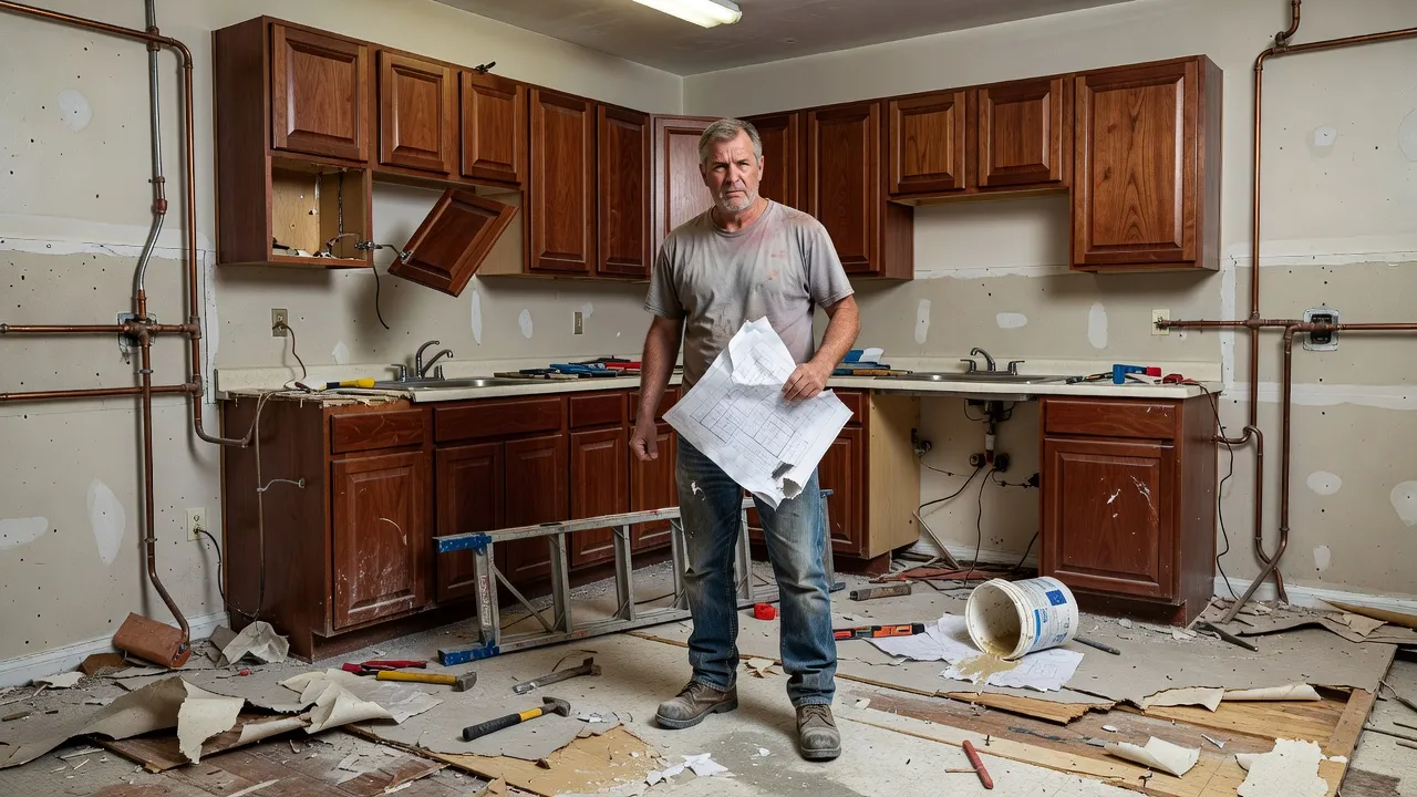 Frustrated homeowner standing in a severely unfinished and messy kitchen renovation.