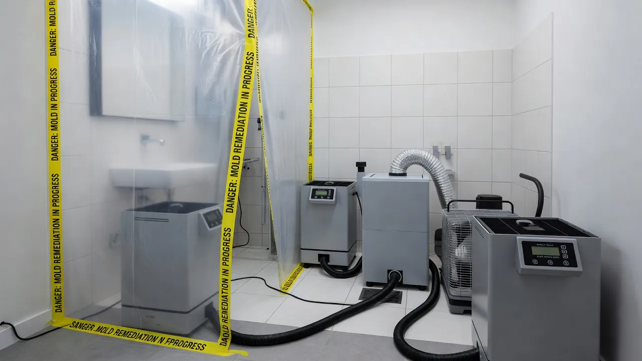 Industrial drying equipment and air scrubbers set up inside a bathroom undergoing mold remediation after a bad plumbing job.