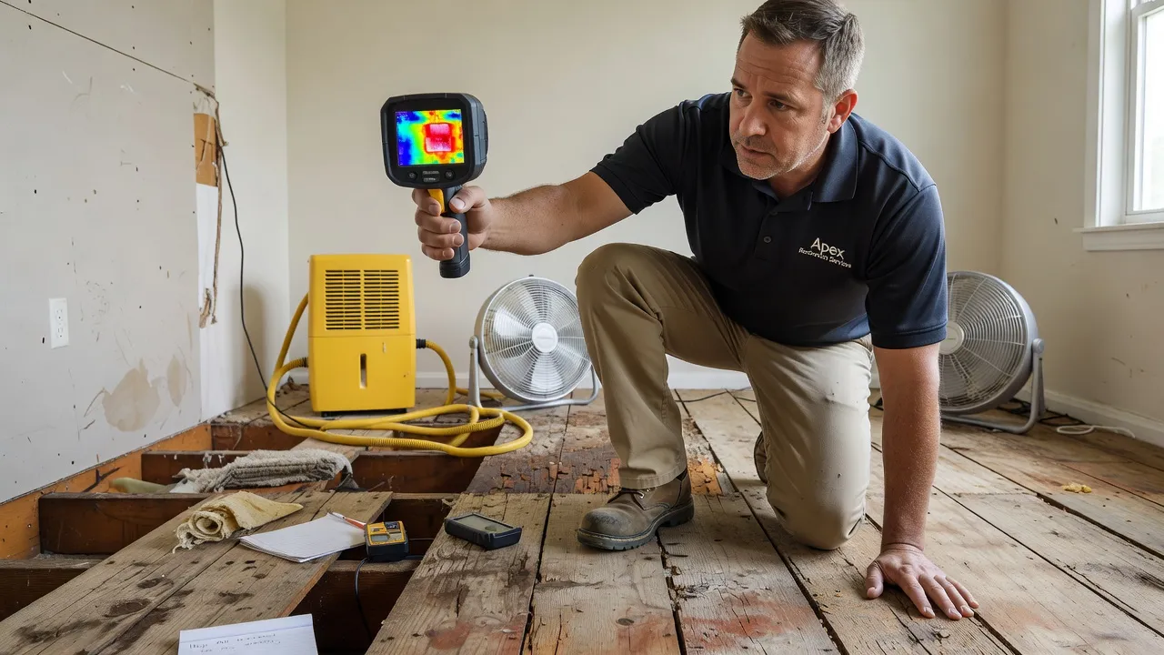 Restoration technician using a thermal imaging camera to detect subfloor moisture beneath kitchen flooring.