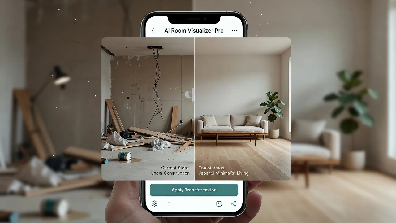 Smartphone displaying an AI design app rendering a finished Japandi living room over a raw construction photo.