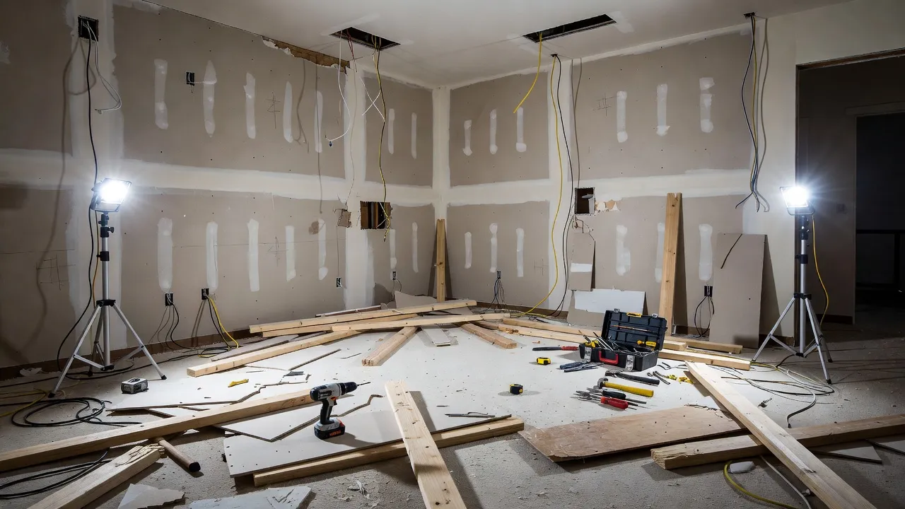 Unfinished home renovation project showing drywall work and exposed electrical wiring after a botched contractor job.