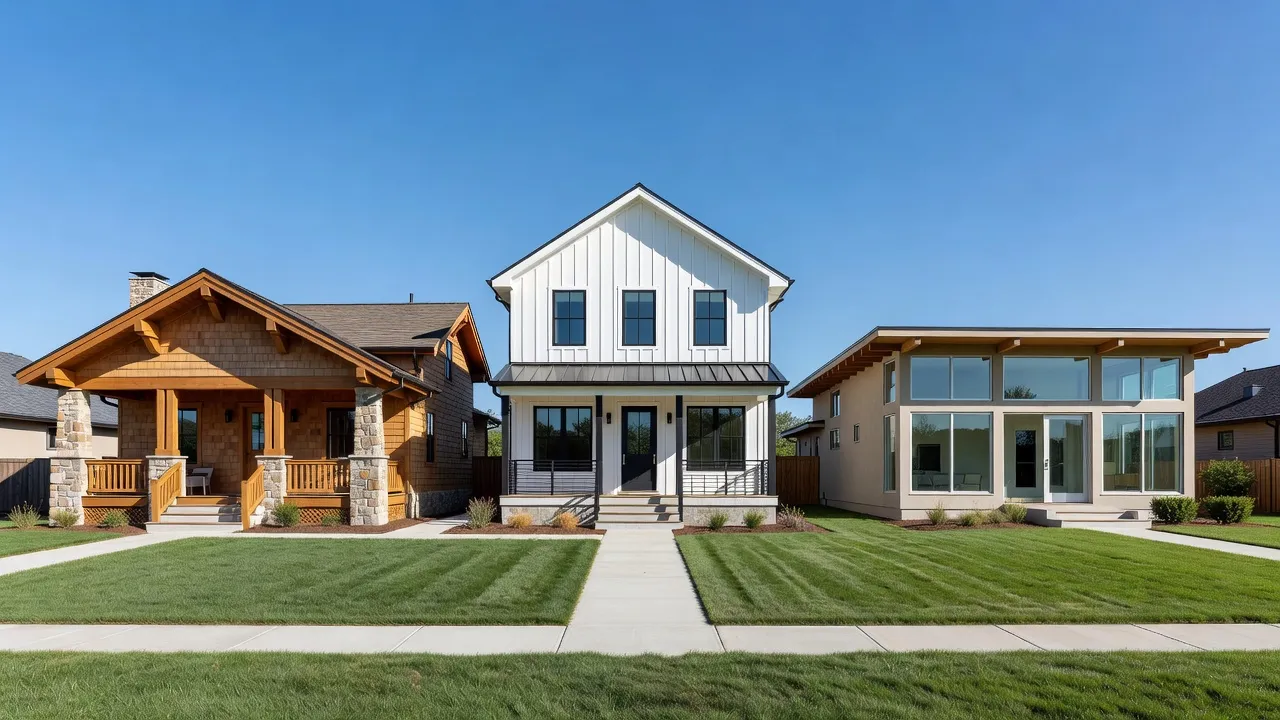 A collage showing different residential house architecture styles including Craftsman, Modern Farmhouse, and Mid-Century Modern homes