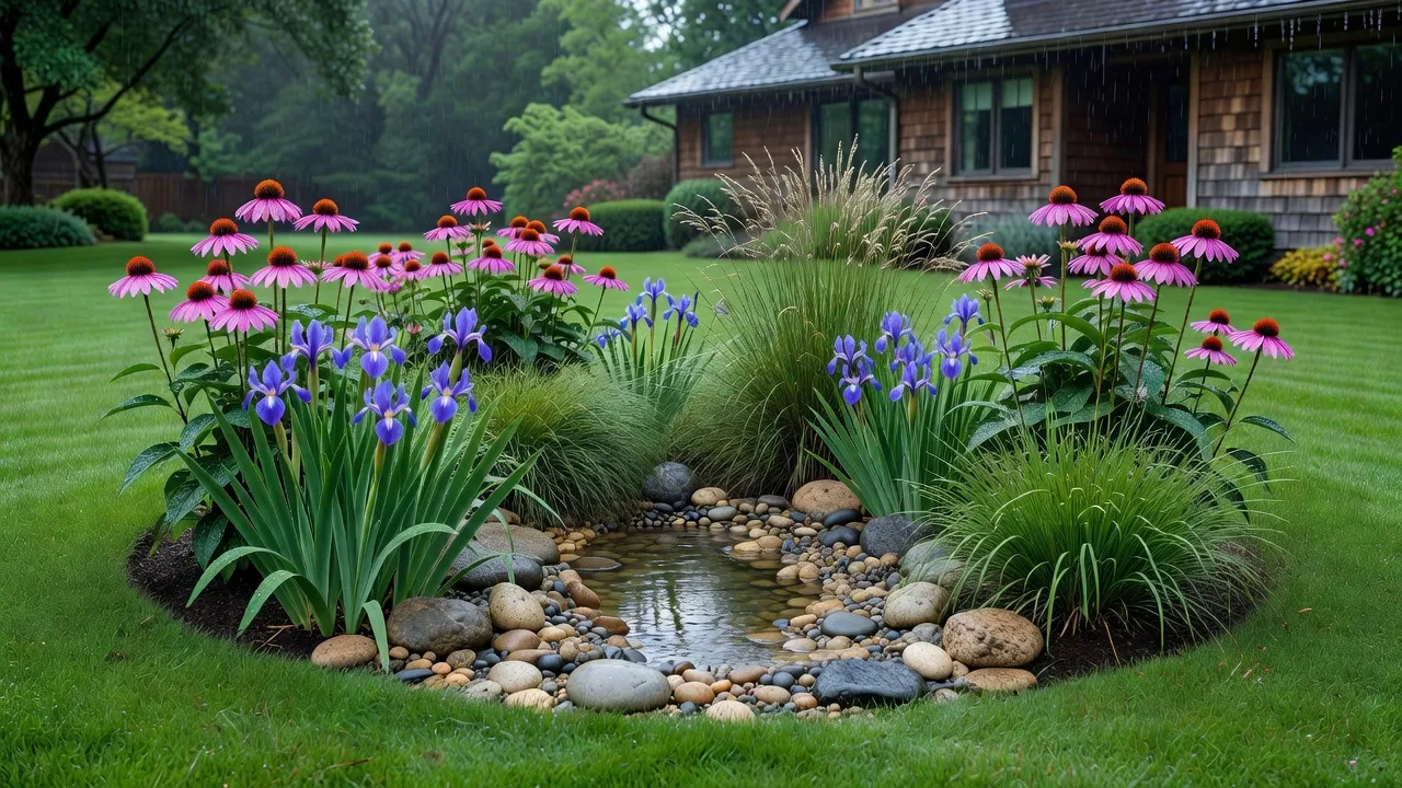 A suburban rain garden filled with native purple coneflowers and river rocks collecting rain runoff.