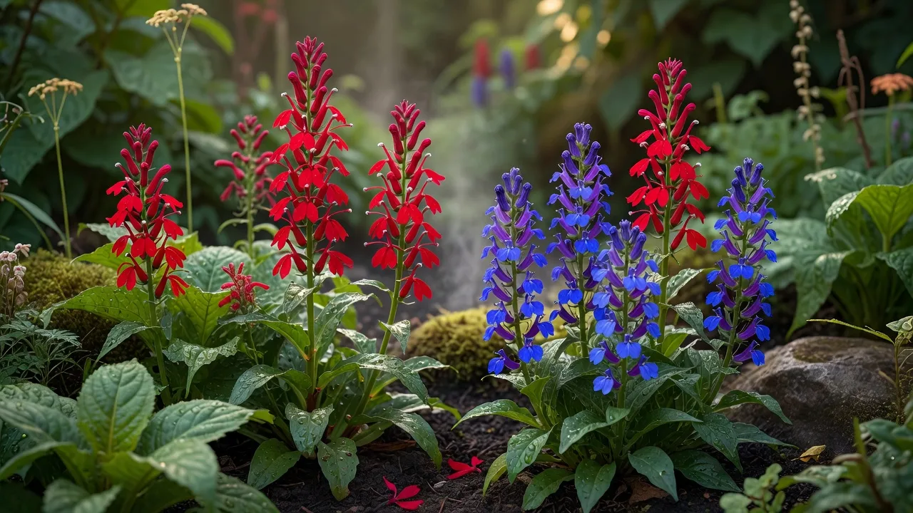 Cardinal flower and Great Blue Lobelia blooming in a damp native rain garden.