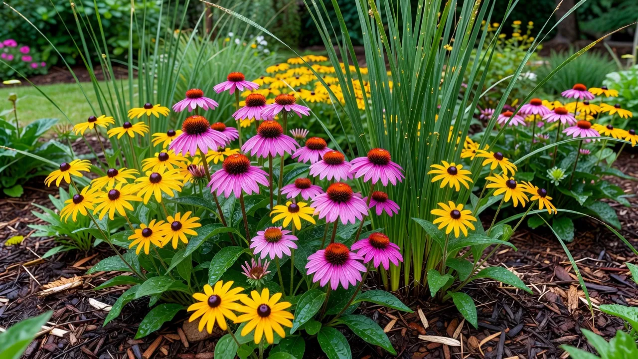 Healthy native perennials including coneflowers and rushes planted in a rain garden bed.