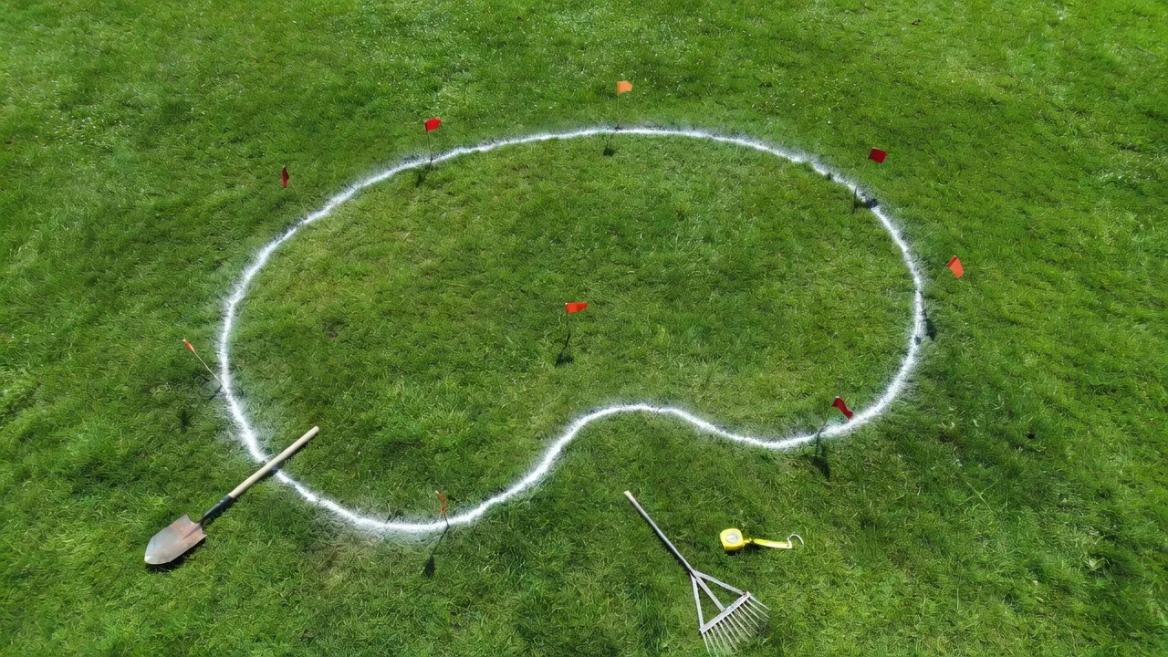Outline of a kidney-shaped rain garden marked on grass prior to excavation.