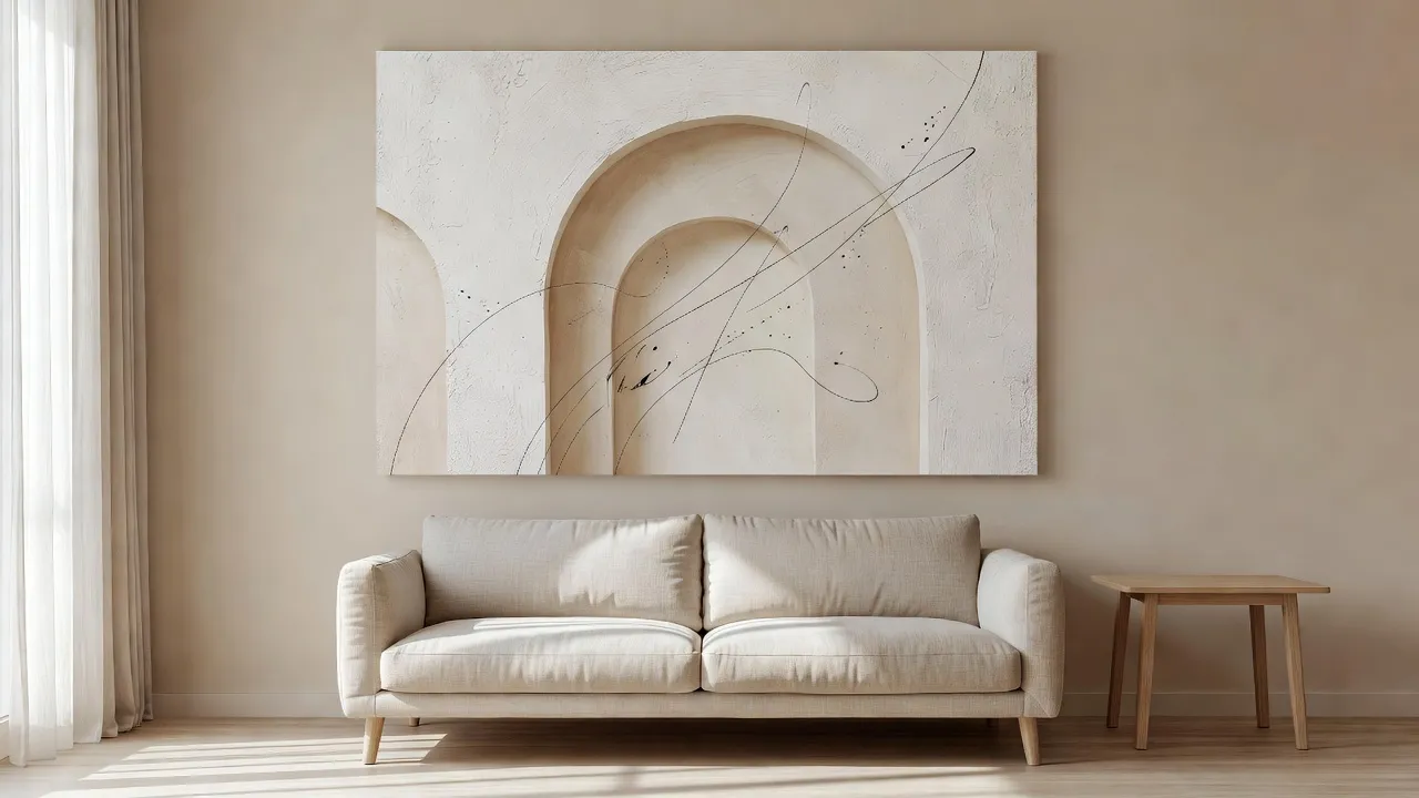 Oversized minimalist Japandi art canvas in a light oak frame hanging above a low beige linen couch