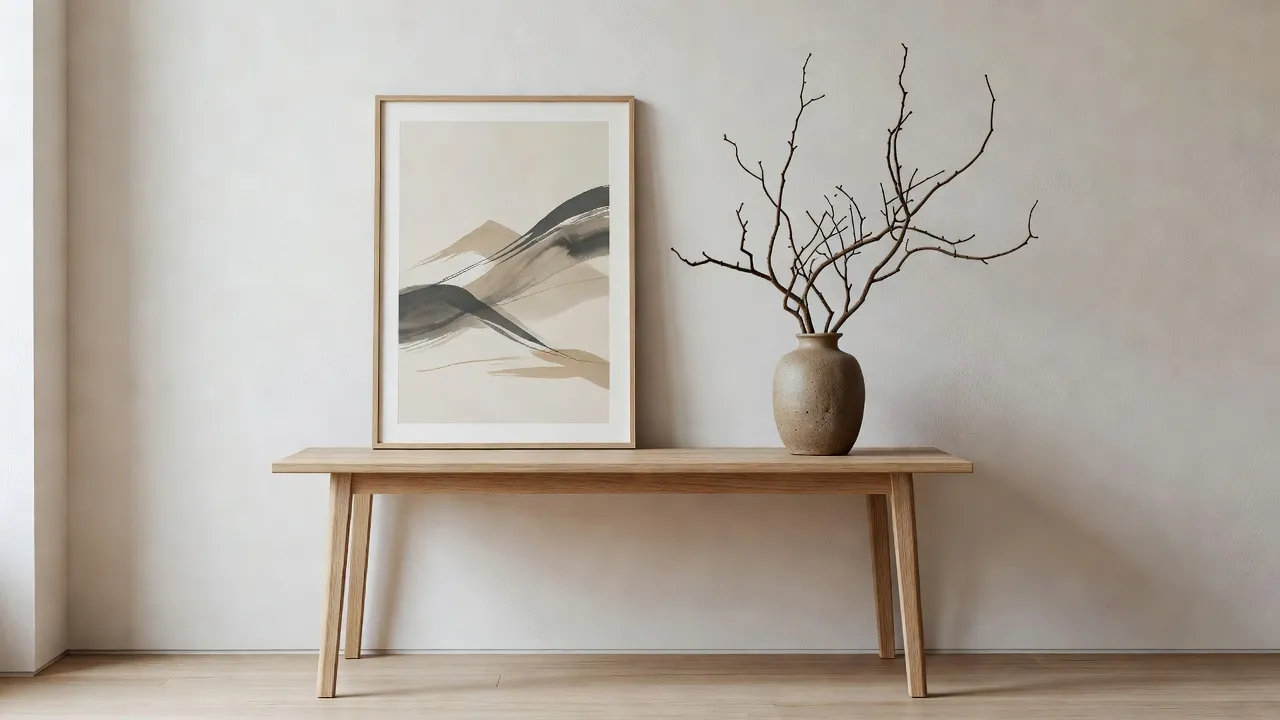 Minimalist entryway with off-center Japandi art print on light oak console table
