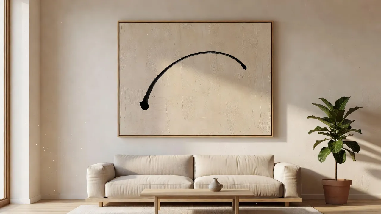 Oversized Japandi canvas print with beige plaster texture and black sumi ink arch in a sunlit living room