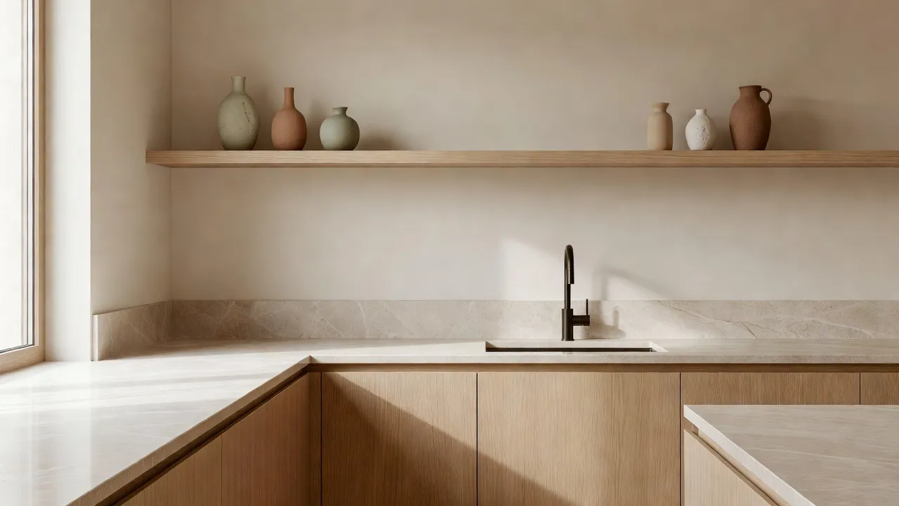 A serene Japandi style kitchen featuring light oak cabinets, quartzite counters, and floating wooden shelves