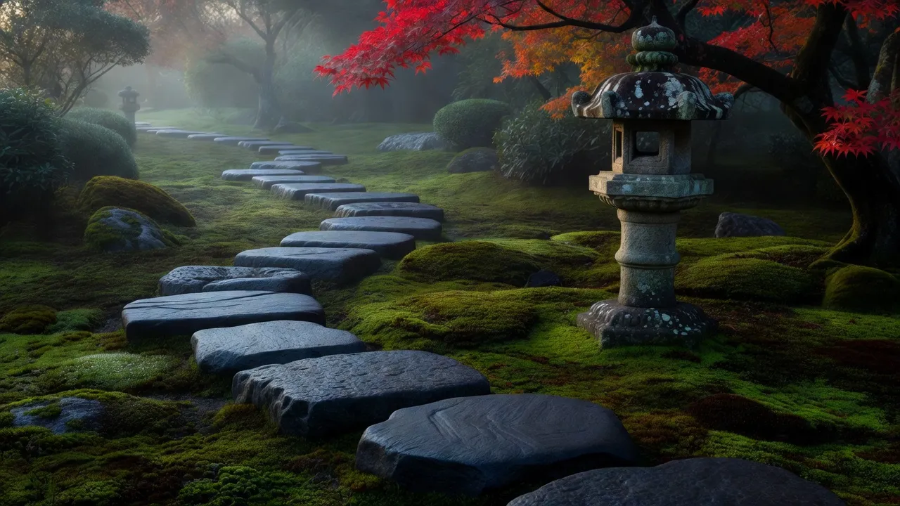Tranquil Japanese garden with stepping stones leading across a mossy path past a stone lantern and Japanese maple tree