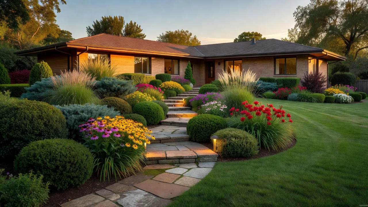 Front yard landscape design featuring a stone walkway and layered shrubs to increase ranch style home curb appeal.