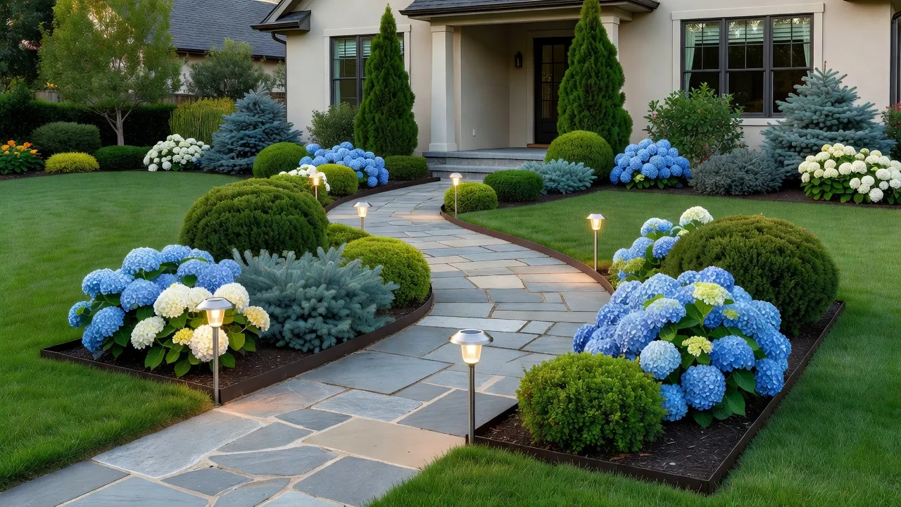 Beautiful front yard landscape featuring a stone walkway, layered foundation shrubs, and blooming flowers enhancing home curb appeal.