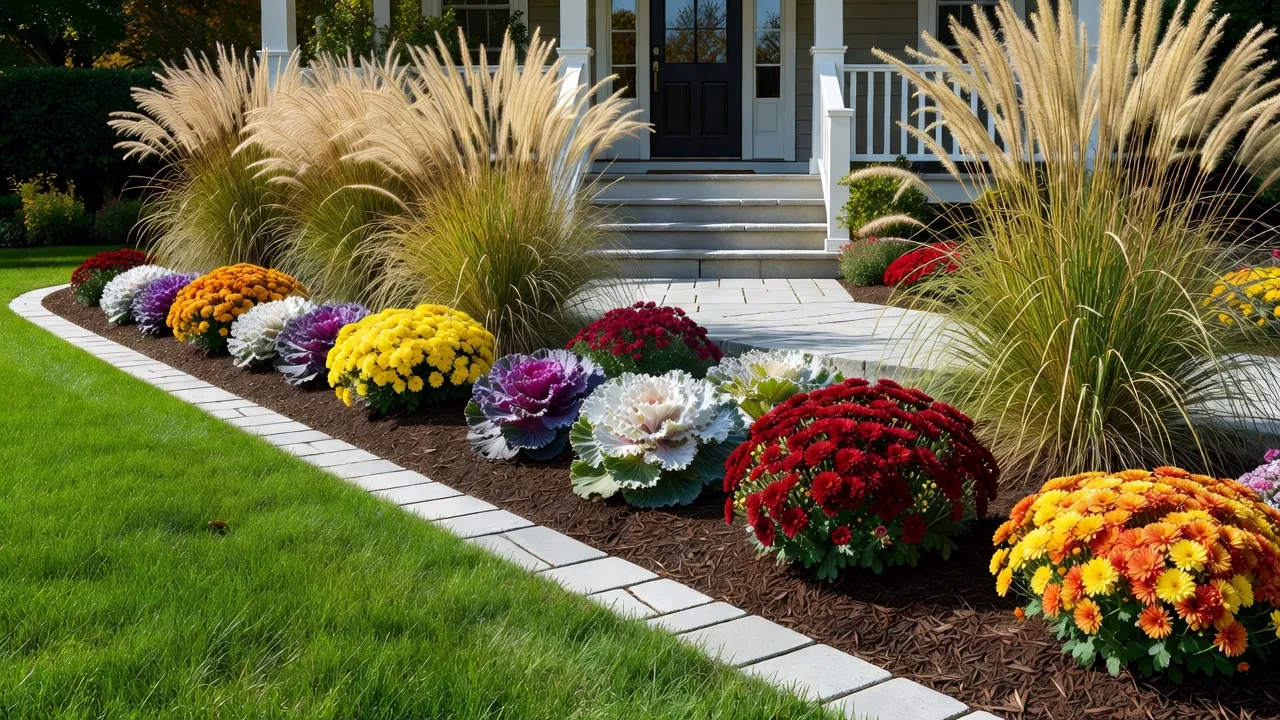 Stone lawn edging and mulched garden bed showcasing fall curb appeal ideas for front of house.