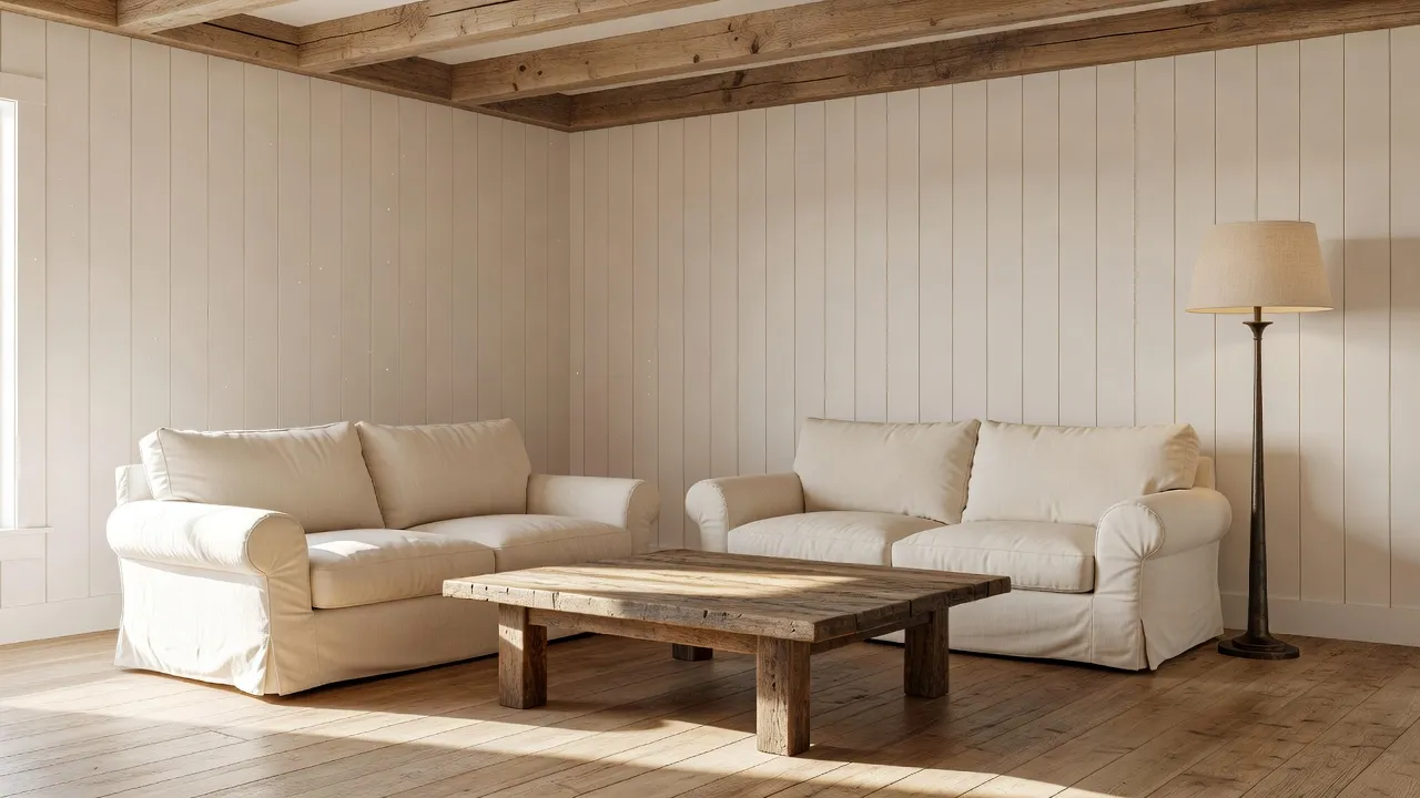 Modern farmhouse style living room with light oak floors, cream slipcovered sofa, and vertical shiplap wall.