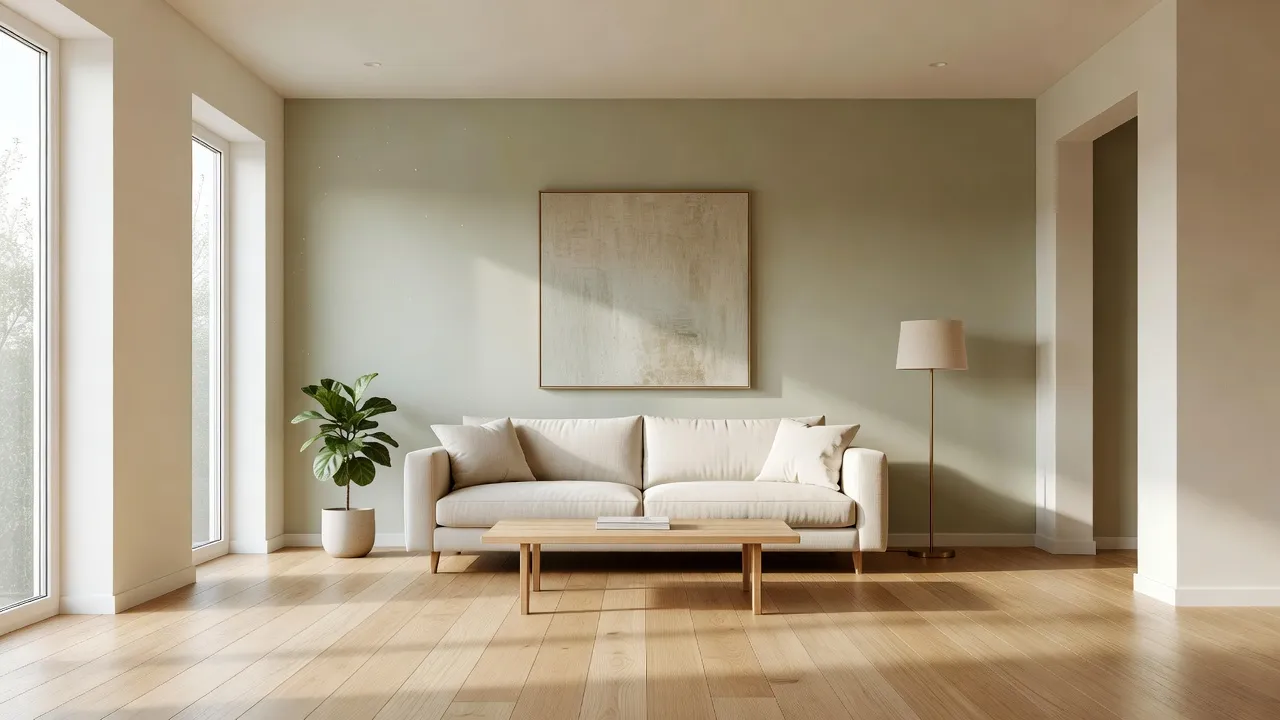 Modern living room with warm off-white wall paint, neutral sofa, and natural lighting