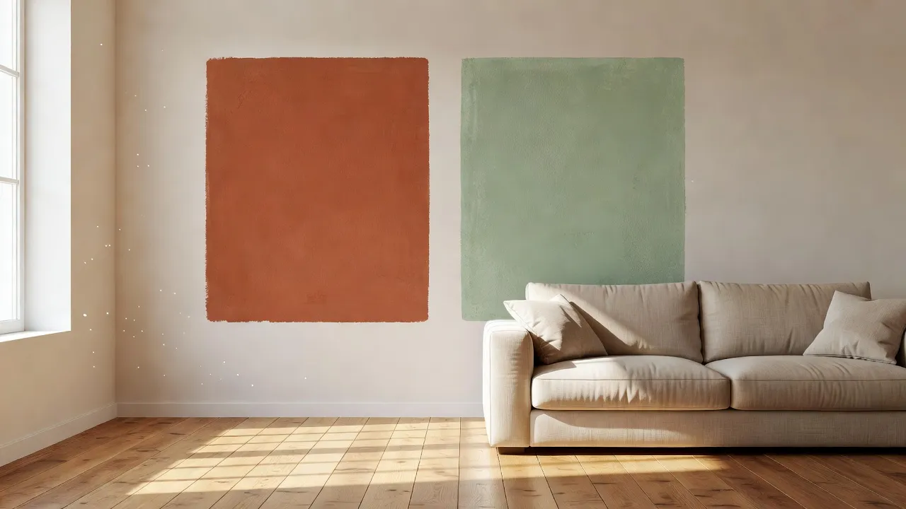 Living room wall color swatches tested on a neutral wall under natural sunlight next to furniture