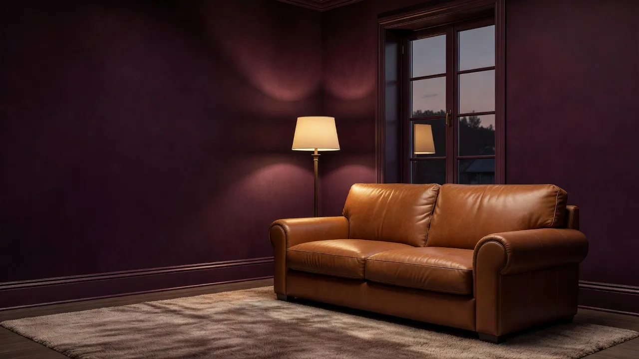 Living room with dark color drenched walls and matching trim surrounding a leather sofa