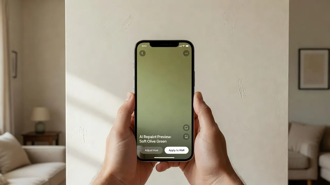 Smartphone displaying AI room design visualization of living room wall paint colors