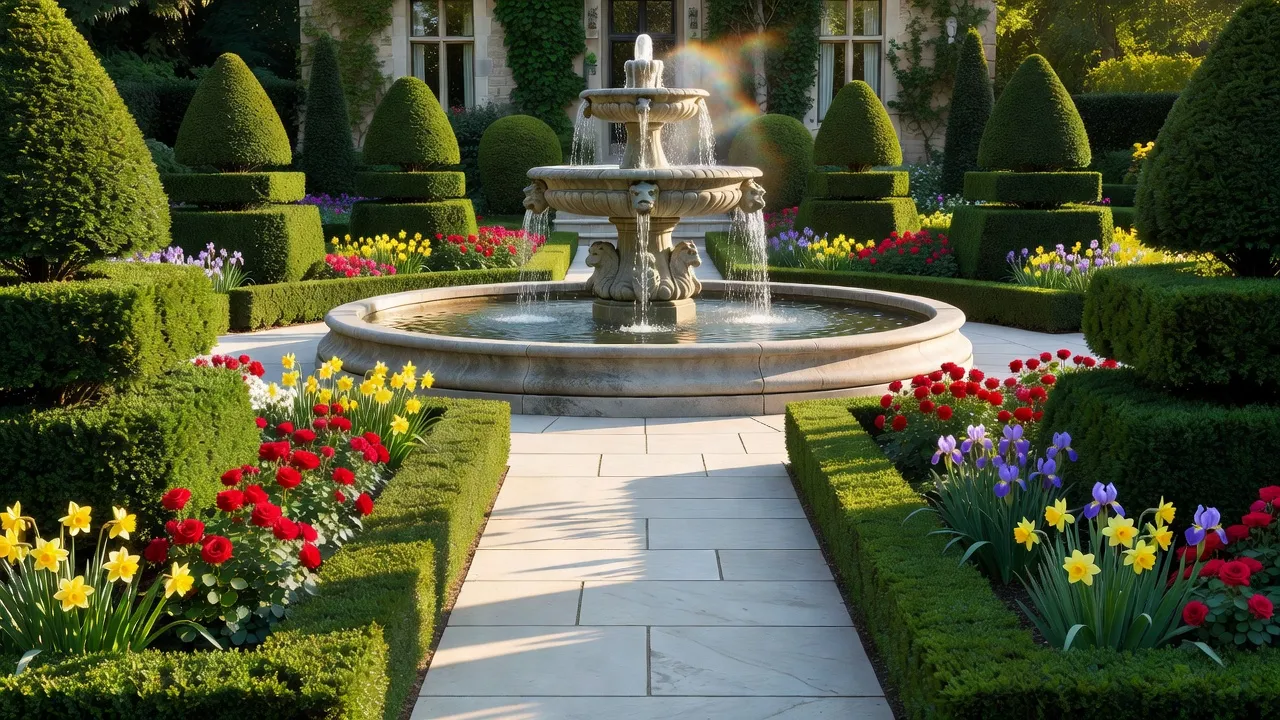 A magnificent garden layout featuring layered evergreen hedges and a central stone fountain.