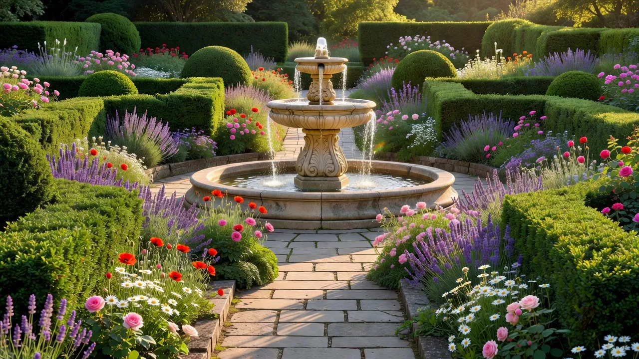 A magnificent garden featuring structured evergreen hedges, colorful flowering beds, and a stone walkway.