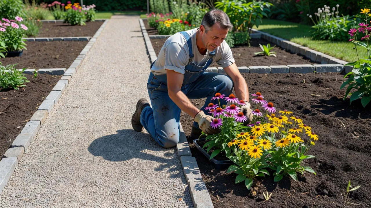 Step-by-step planting process along a new gravel garden path.