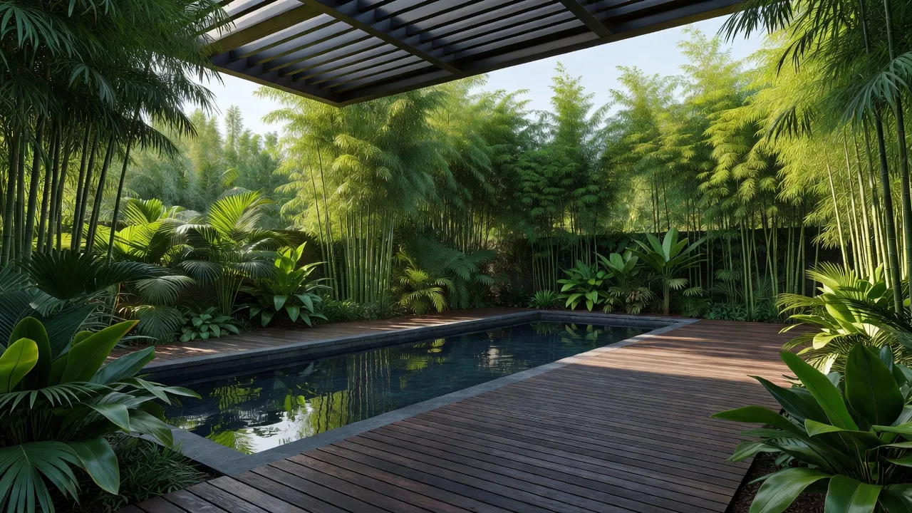 Tropical resort garden layout with dark wooden deck and dense palm tree foliage.
