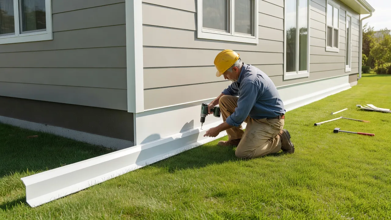Exterior of mobile home showing new vinyl skirting installation along the perimeter.