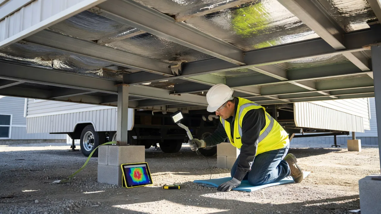 Professional contractor checking mobile home chassis and belly pan insulation.