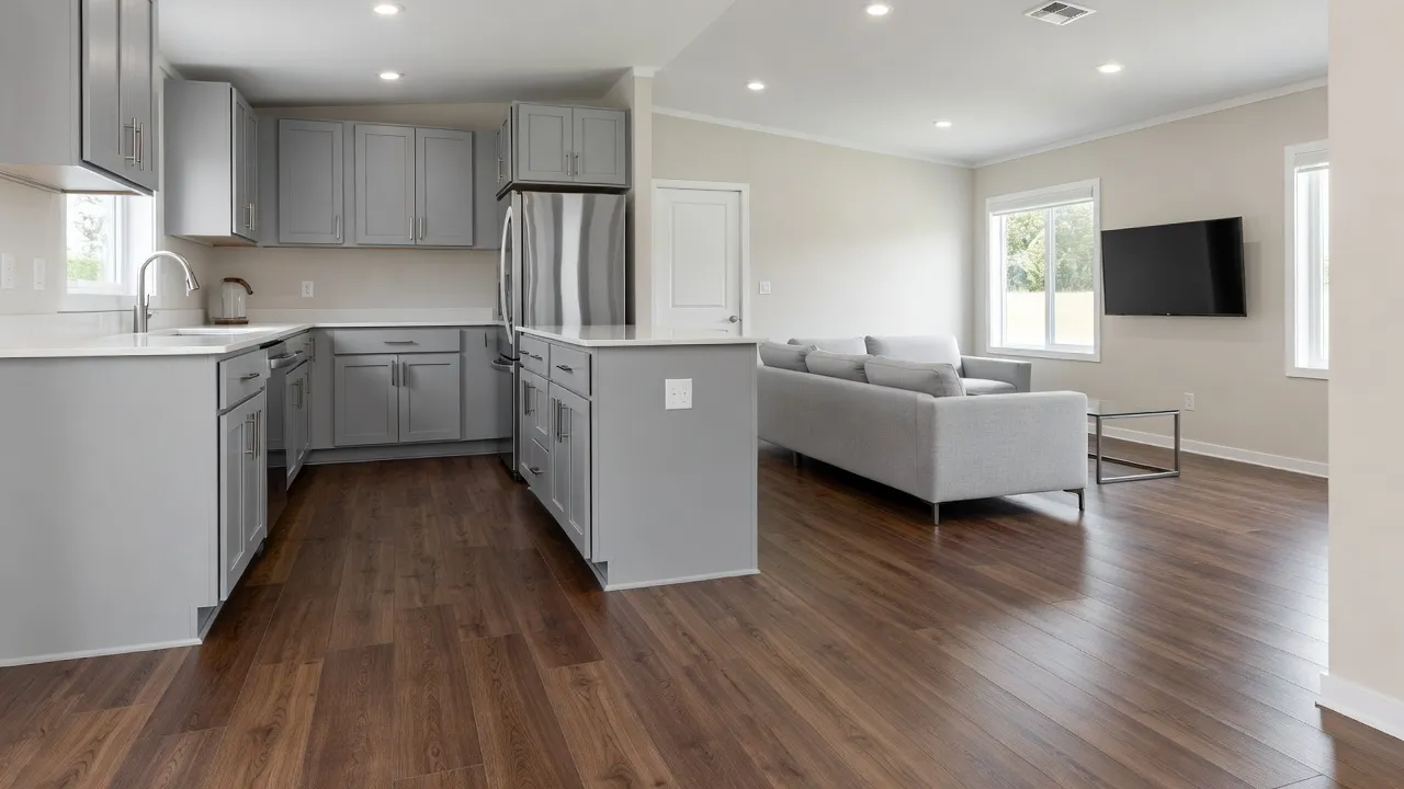 Renovated mobile home interior showing updated kitchen and living area with vinyl plank flooring.