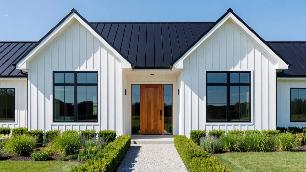 Exterior of a white modern farmhouse style home with black roof accents and metal framing.