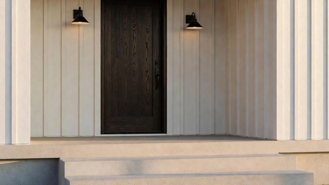 Front porch entry of a modern farmhouse with black barn light fixtures and white vertical siding.