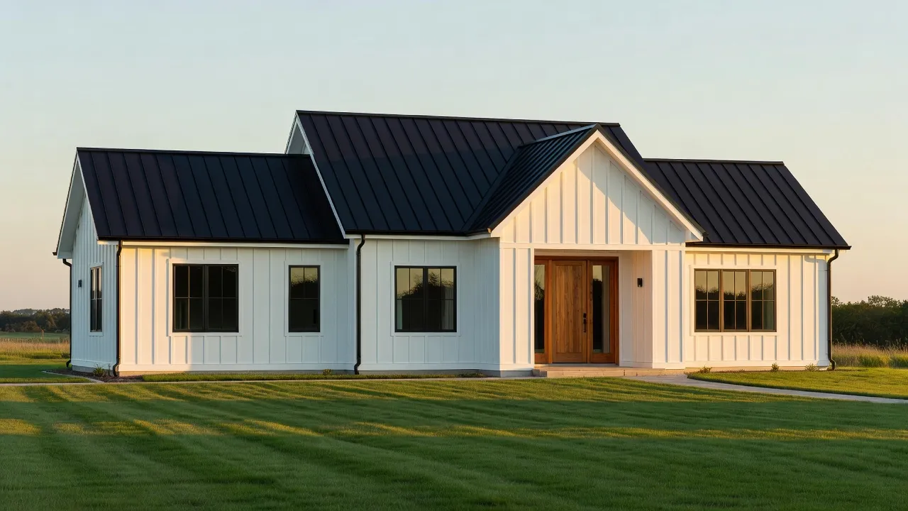Exterior view of a modern farmhouse home with white siding, steep black gables, and wood accents.