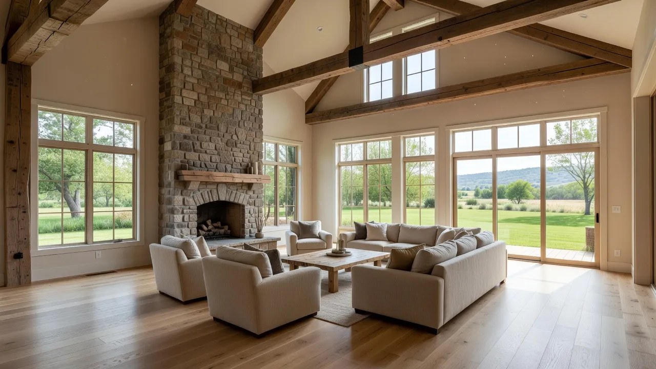 Interior living room of a modern farmhouse home featuring exposed wood beams and white walls.