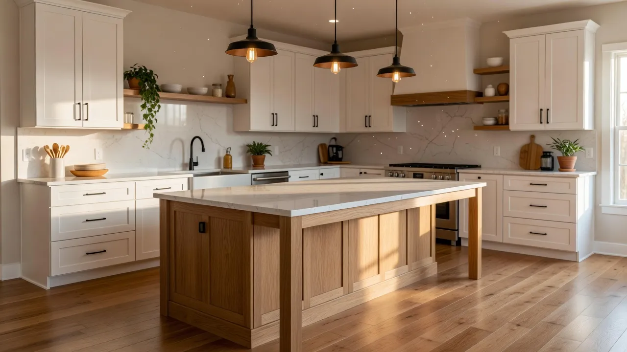 Modern farmhouse kitchen with white shaker cabinetry, black hardware, and quartz island countertop.