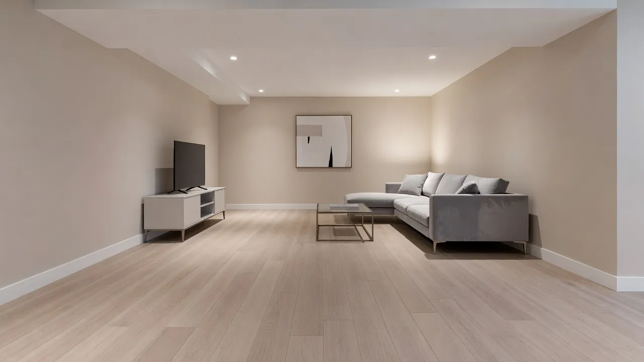 Finished basement featuring luxury vinyl plank flooring installed over concrete slab.