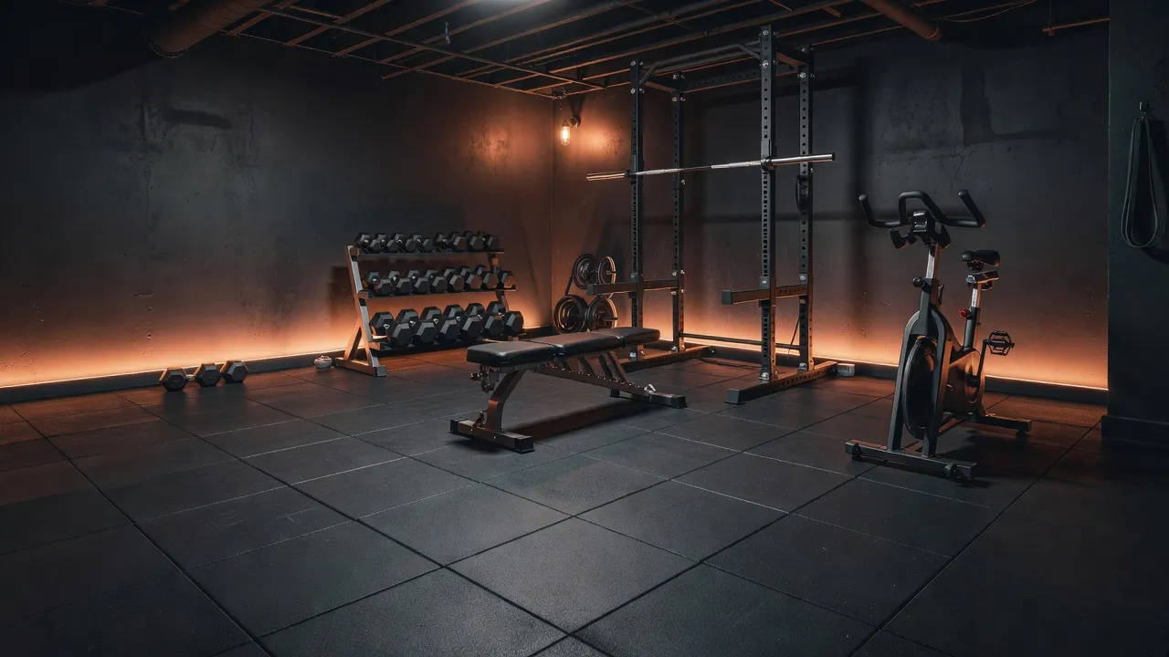 Interlocking rubber floor tiles installed in a basement home gym setup.