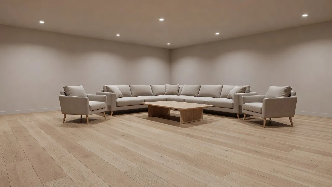 Wide plank luxury vinyl flooring installed in a dry finished basement.