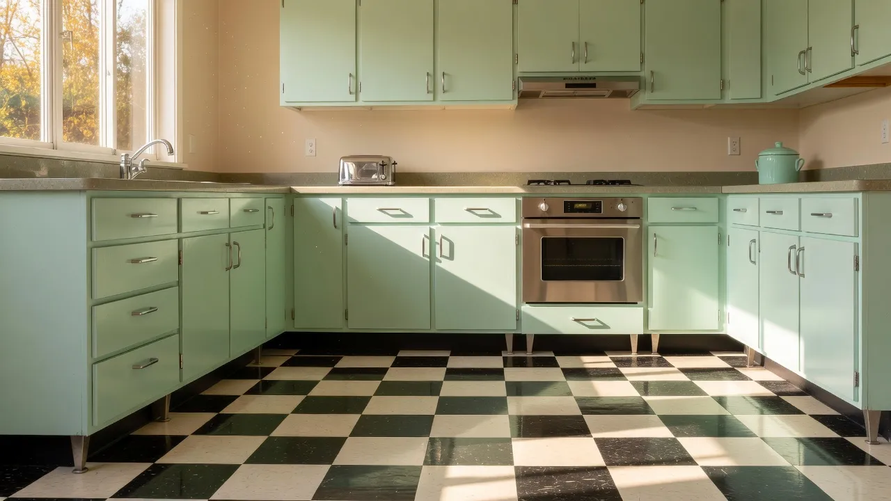 A mid-century modern kitchen featuring a classic black and white retro vinyl checkerboard floor.