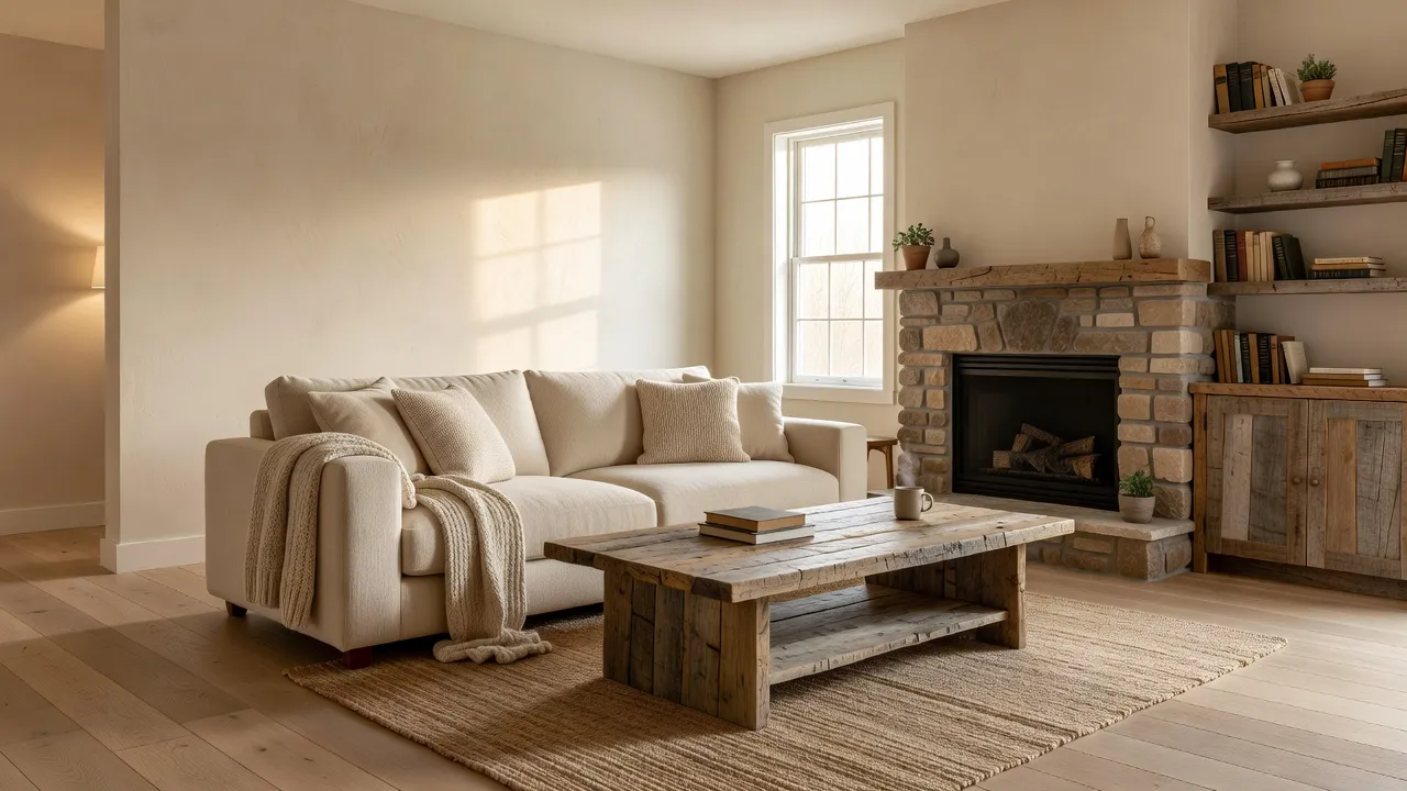 Light suburban living room decorated in modern rustic style with light oak floors and linen furniture.