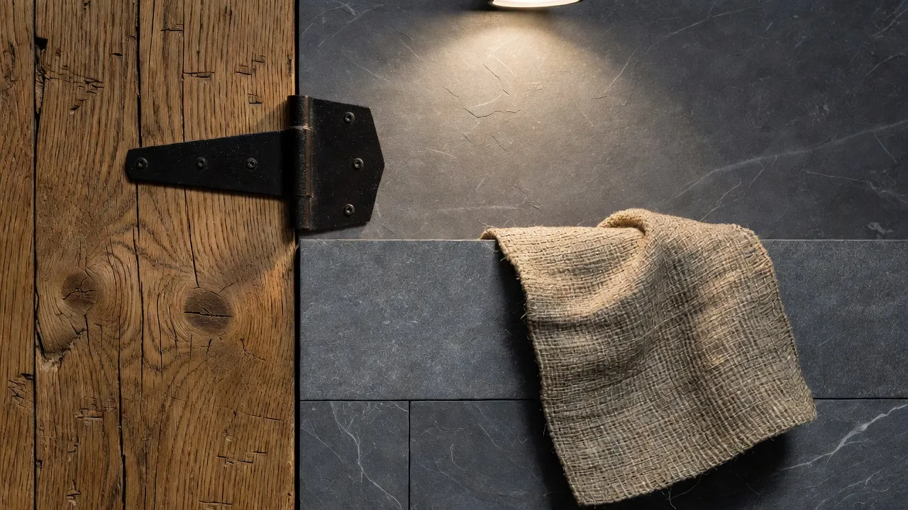 Material swatch collage displaying oak wood, black iron hardware, slate tile, and linen fabric for rustic home decor.