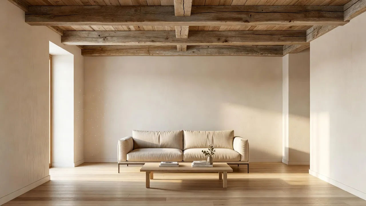 Modern rustic living room with exposed reclaimed wood ceiling beams and natural light.