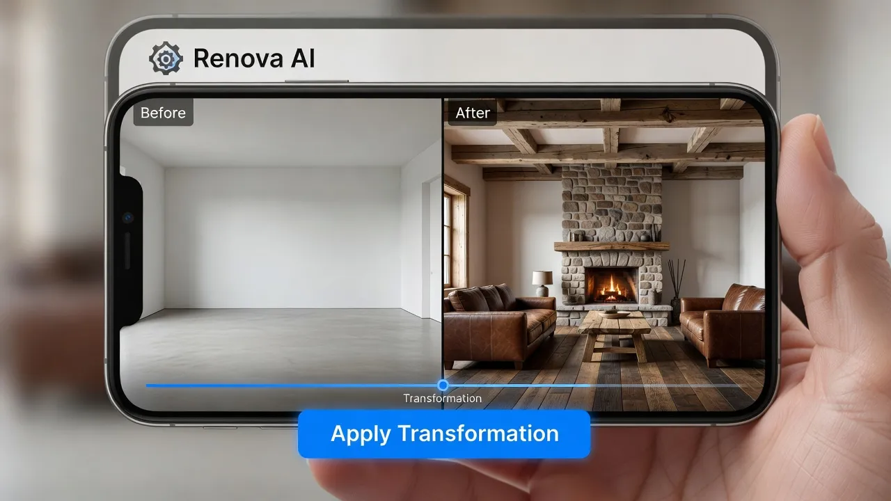 Renova AI interior design app visualizing a modern rustic room makeover on a mobile device screen.