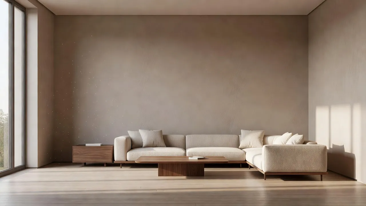 A modern living room featuring warm Sherwin-Williams mushroom paint on walls with cream furniture and natural light.