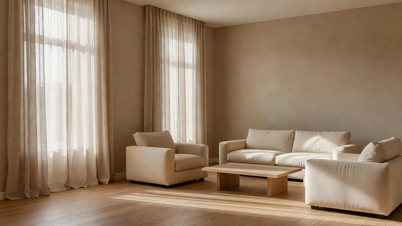 Modern living room with walls painted in a soft Sherwin-Williams mushroom color and natural light.