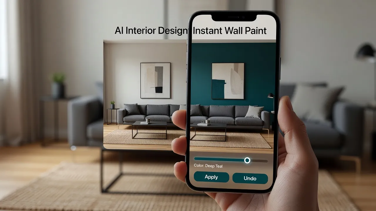 Renova AI interior app previewing wall paint colors on a room photo.