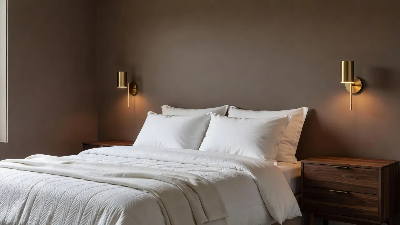 Sherwin-Williams Mode Beige painted bedroom walls with walnut furniture and warm sconces.